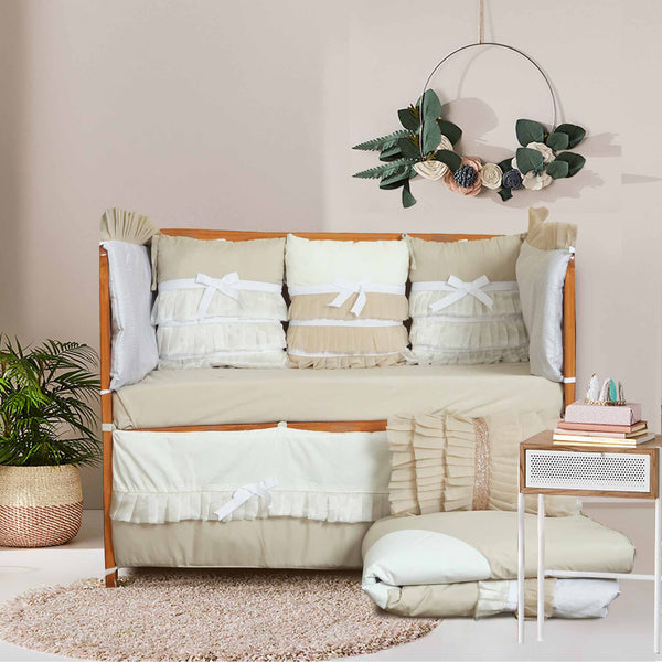 Beige Heart Patch Baby Cot Set