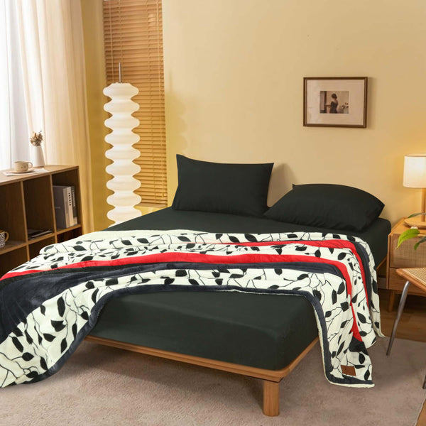 Black Red Leaves Sherpa Blanket and Fitted Sheet Set