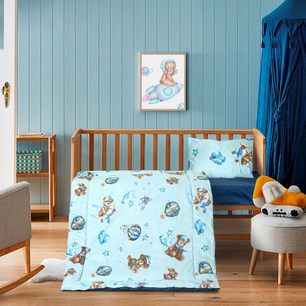 Blue Teddy Sky Adventure Baby Cot Set