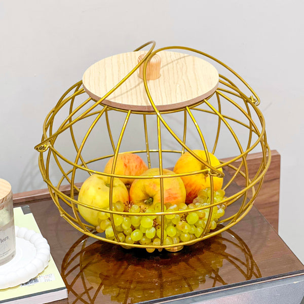 Golden Multipurpose Basket with Wooden Lid & Handles
