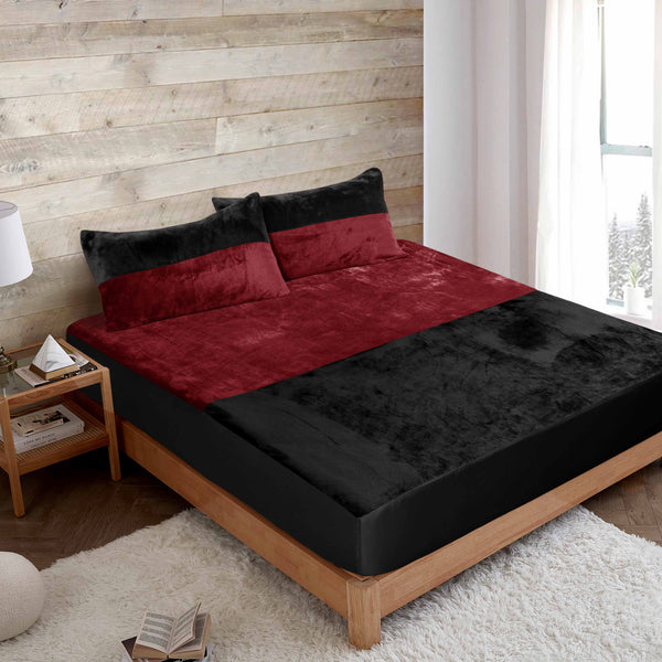 Horizontal Bicolor Fleece Fitted Sheet (Burgundy-Black)