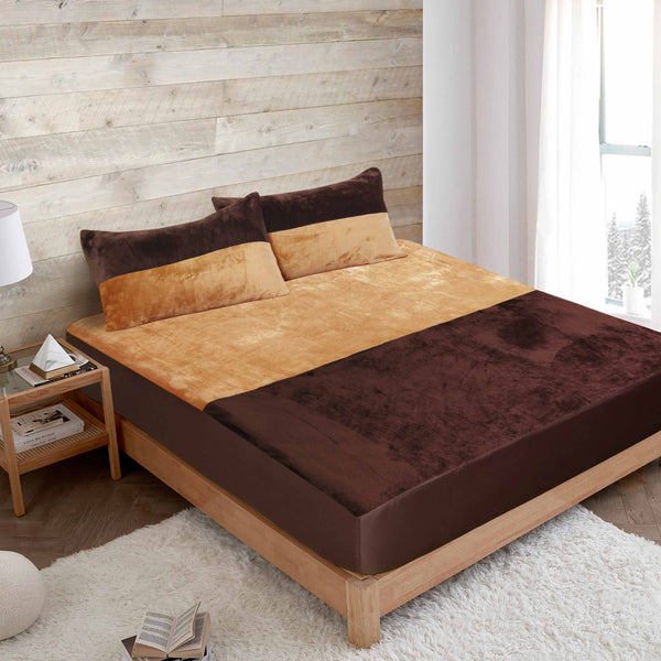 Horizontal Bicolor Fleece Fitted Sheet (Camel-Brown)