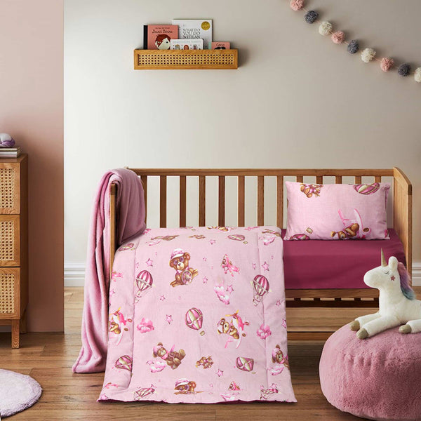 Pink Teddy Sky Adventure Baby Cot Set