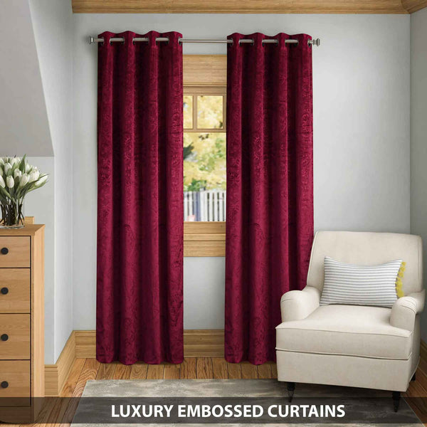 Traditional Curved Embossed Velvet Curtains Burgundy