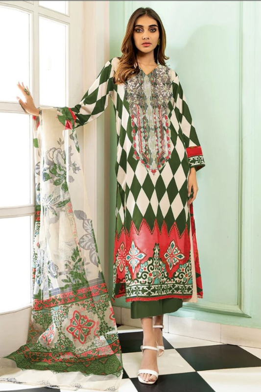 3 Piece Lawn Printed Embroidered Dress