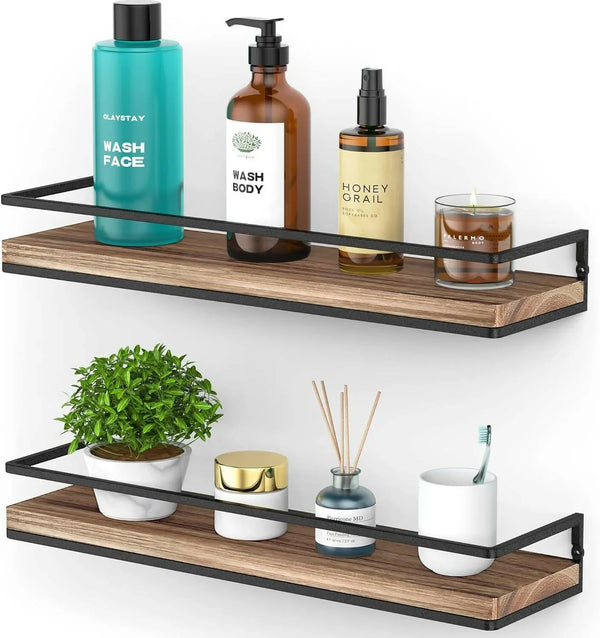 Floating wooden Shelves Wall Mounted Set of 2, Rustic Wood Wall Storage Shelves