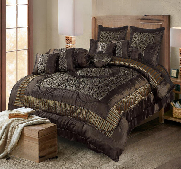 14 Pcs Pakistani Brown and Gold Bridal Bed Set with Ruffle Skirt and Pillows