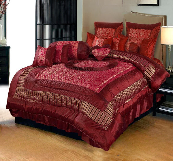 14 Pcs Pakistani Bridal Bed Set in Red with Ruffle Skirt and Pillows