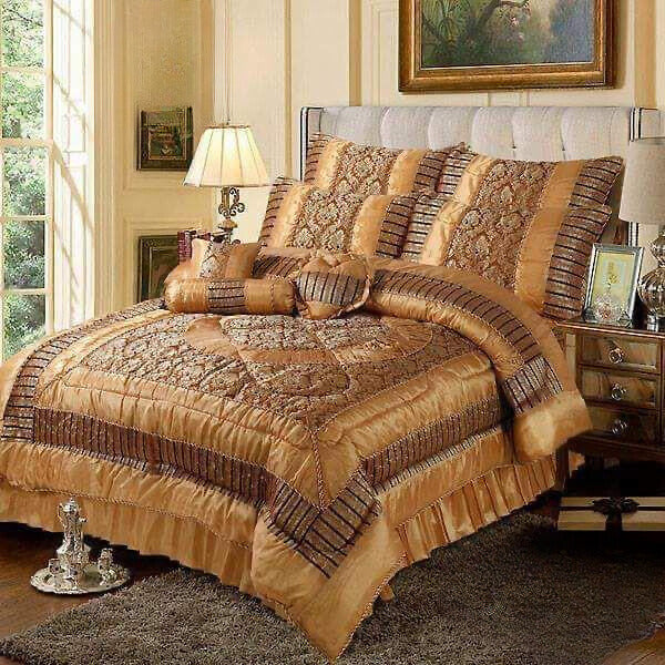 14 Pcs Pakistani Bridal Bed Set in Ivory with Ruffle Skirt and Pillows